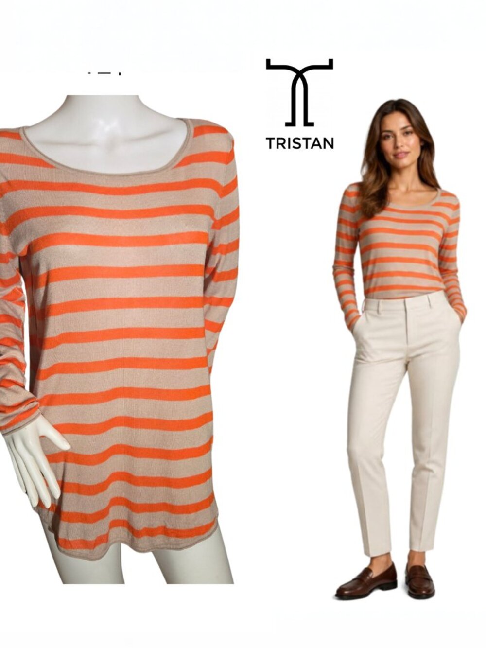 Orange Beige Striped Linen Sweater Large